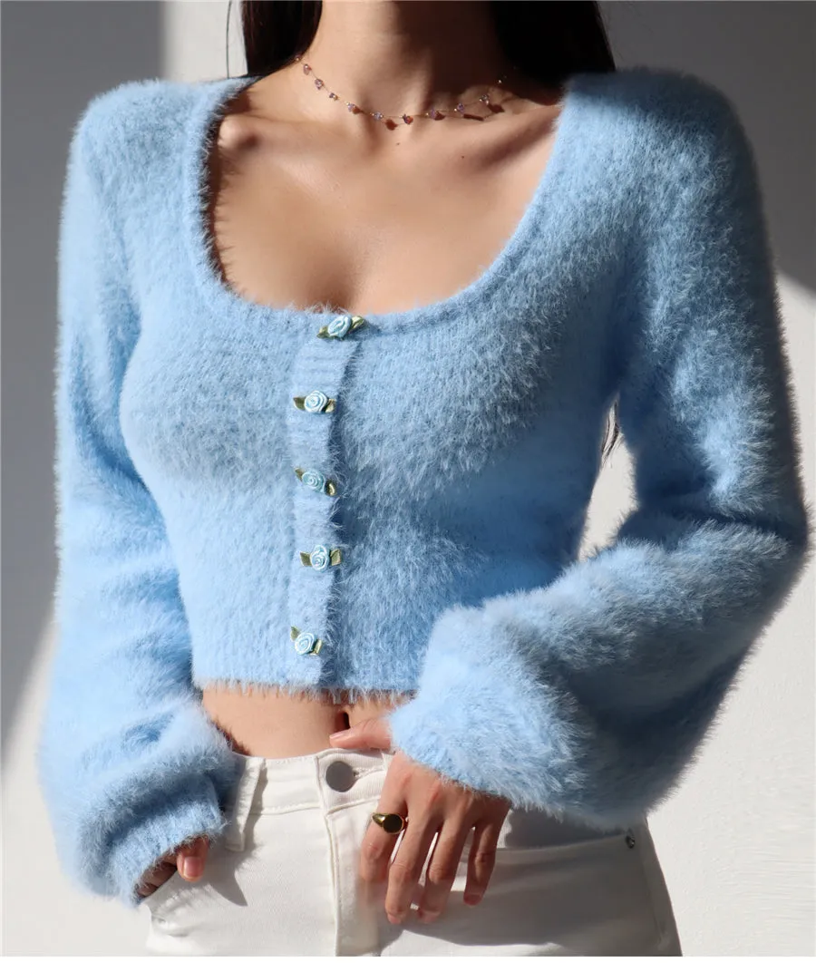 Aria Rose Button Fuzzy Crop Cardigan in Blue