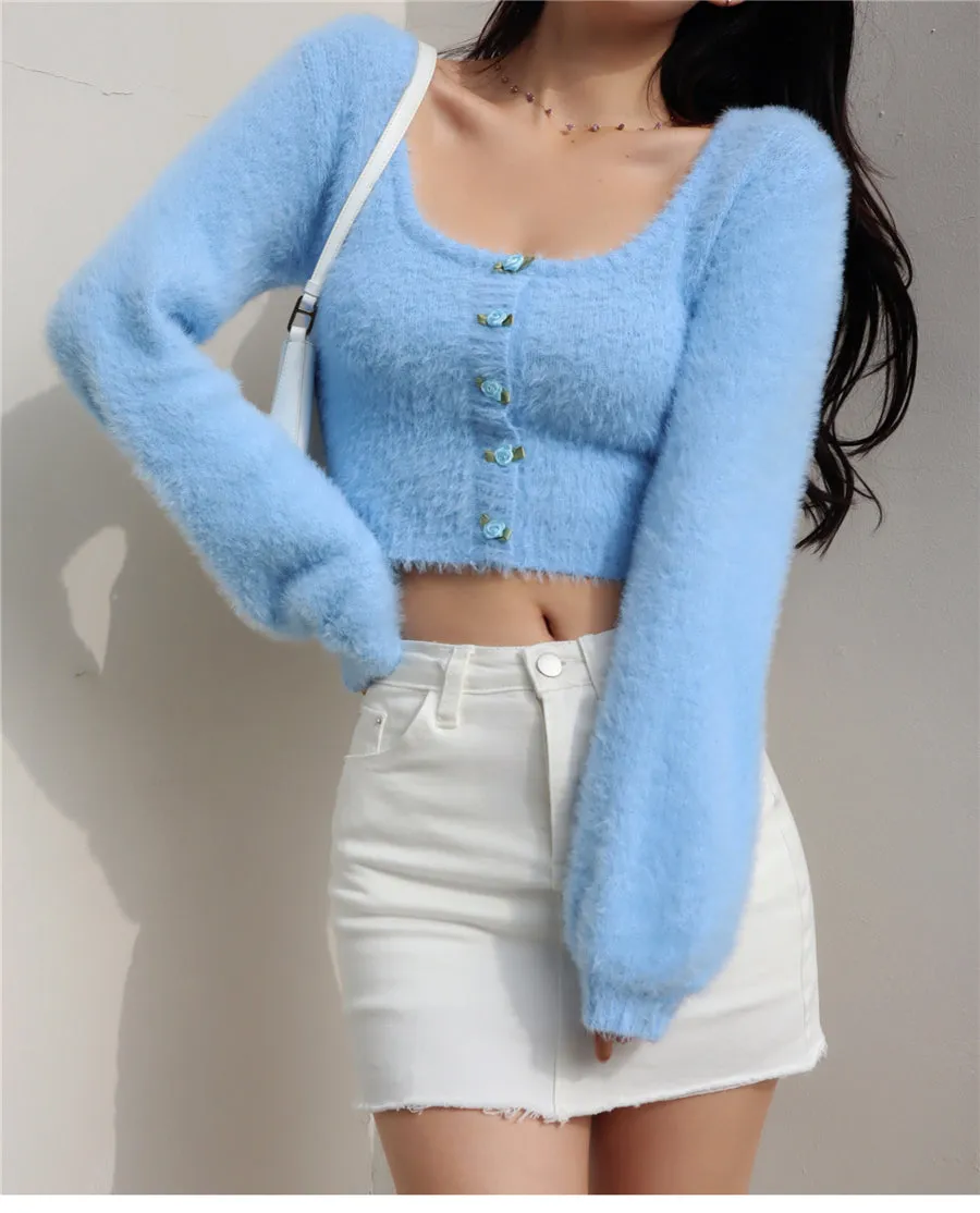 Aria Rose Button Fuzzy Crop Cardigan in Blue