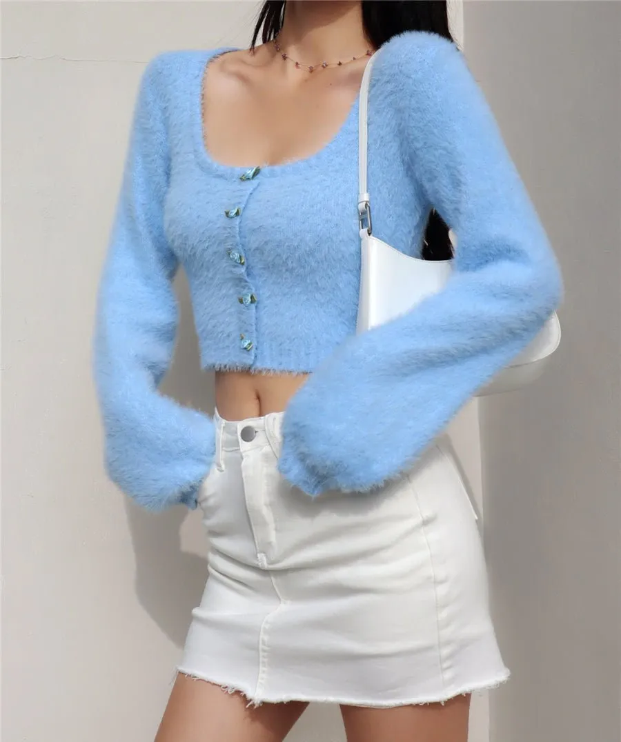 Aria Rose Button Fuzzy Crop Cardigan in Blue