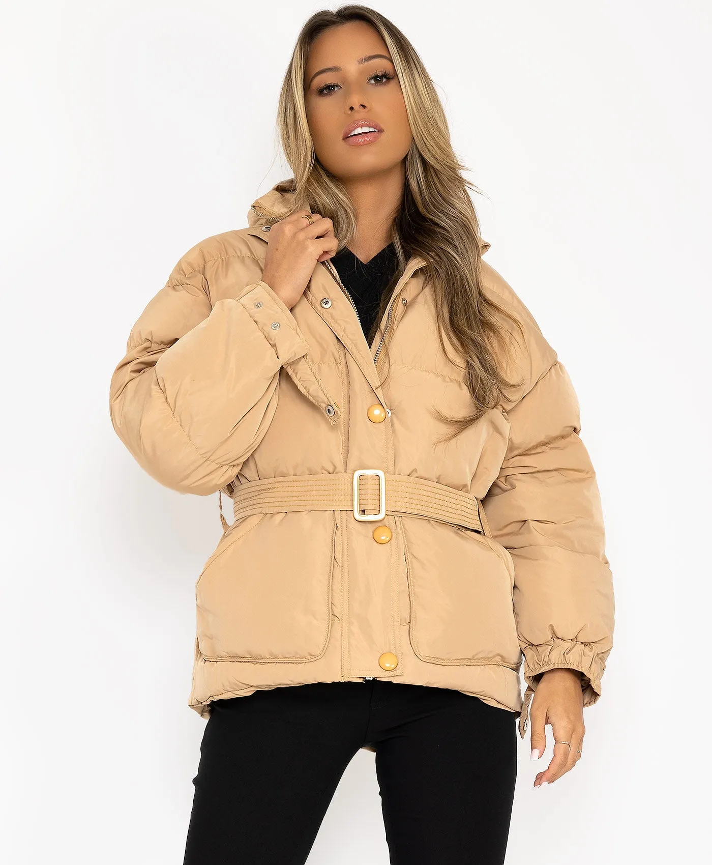 Beige Padded Quilted Belted Puffer Duvet Jacket