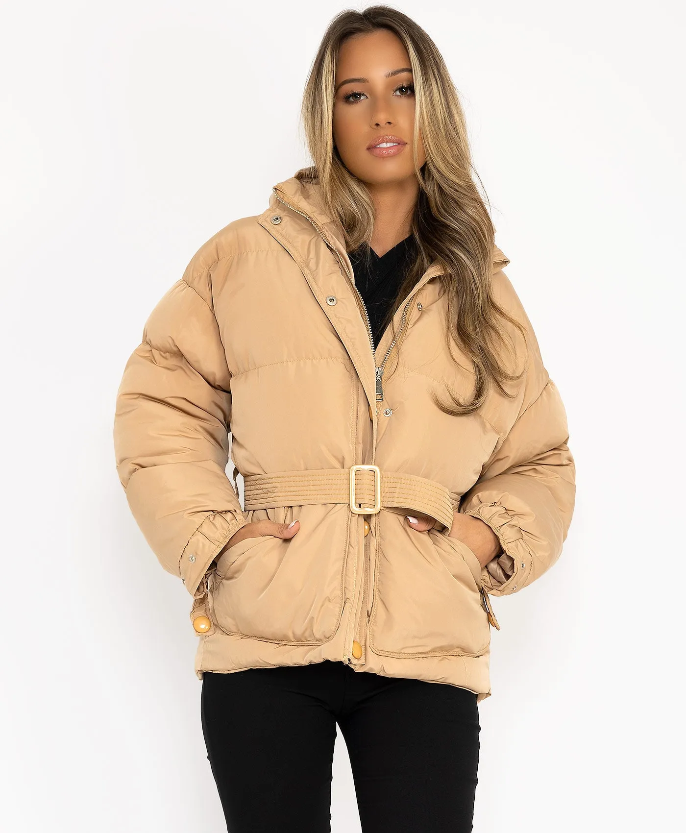 Beige Padded Quilted Belted Puffer Duvet Jacket