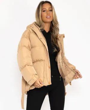 Beige Padded Quilted Belted Puffer Duvet Jacket