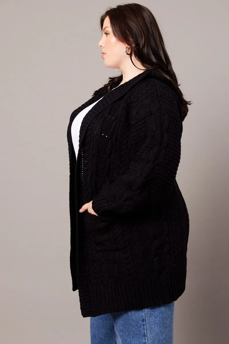 Black Longline Cardigan Long Sleeve Hooded Cable Knit