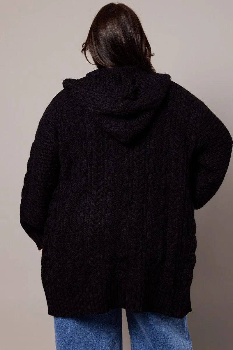 Black Longline Cardigan Long Sleeve Hooded Cable Knit