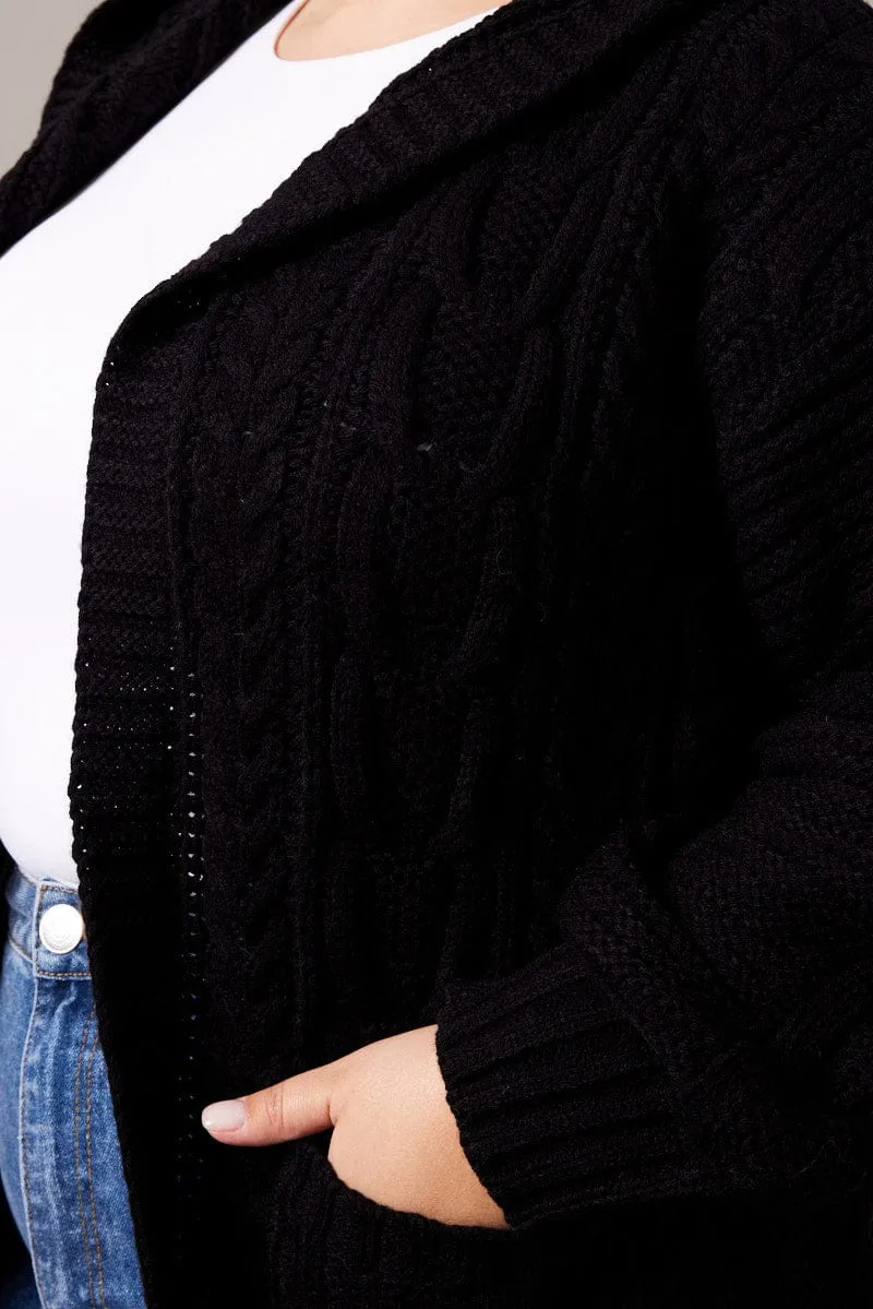 Black Longline Cardigan Long Sleeve Hooded Cable Knit