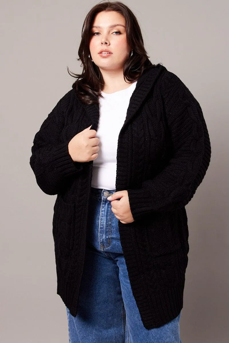 Black Longline Cardigan Long Sleeve Hooded Cable Knit