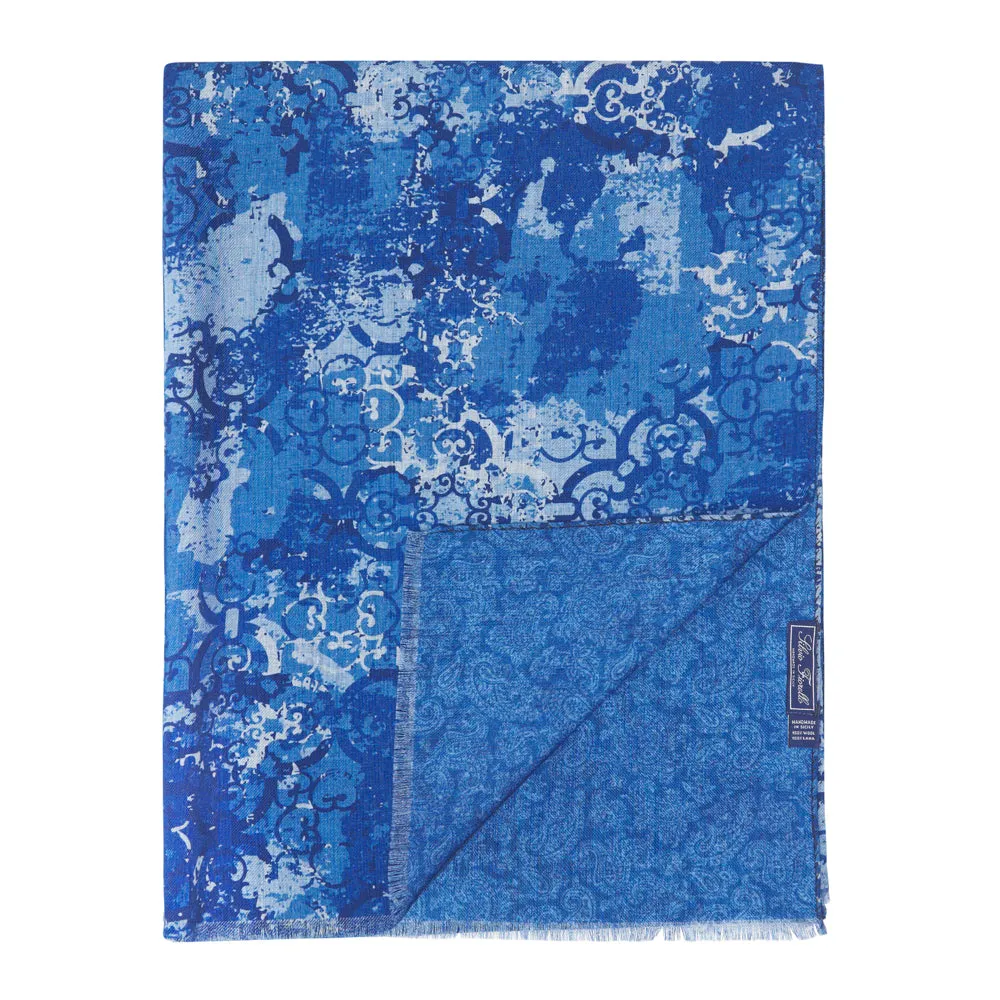 Blue Sicilian Ceramic and Paisley Double Face Wool Scarf