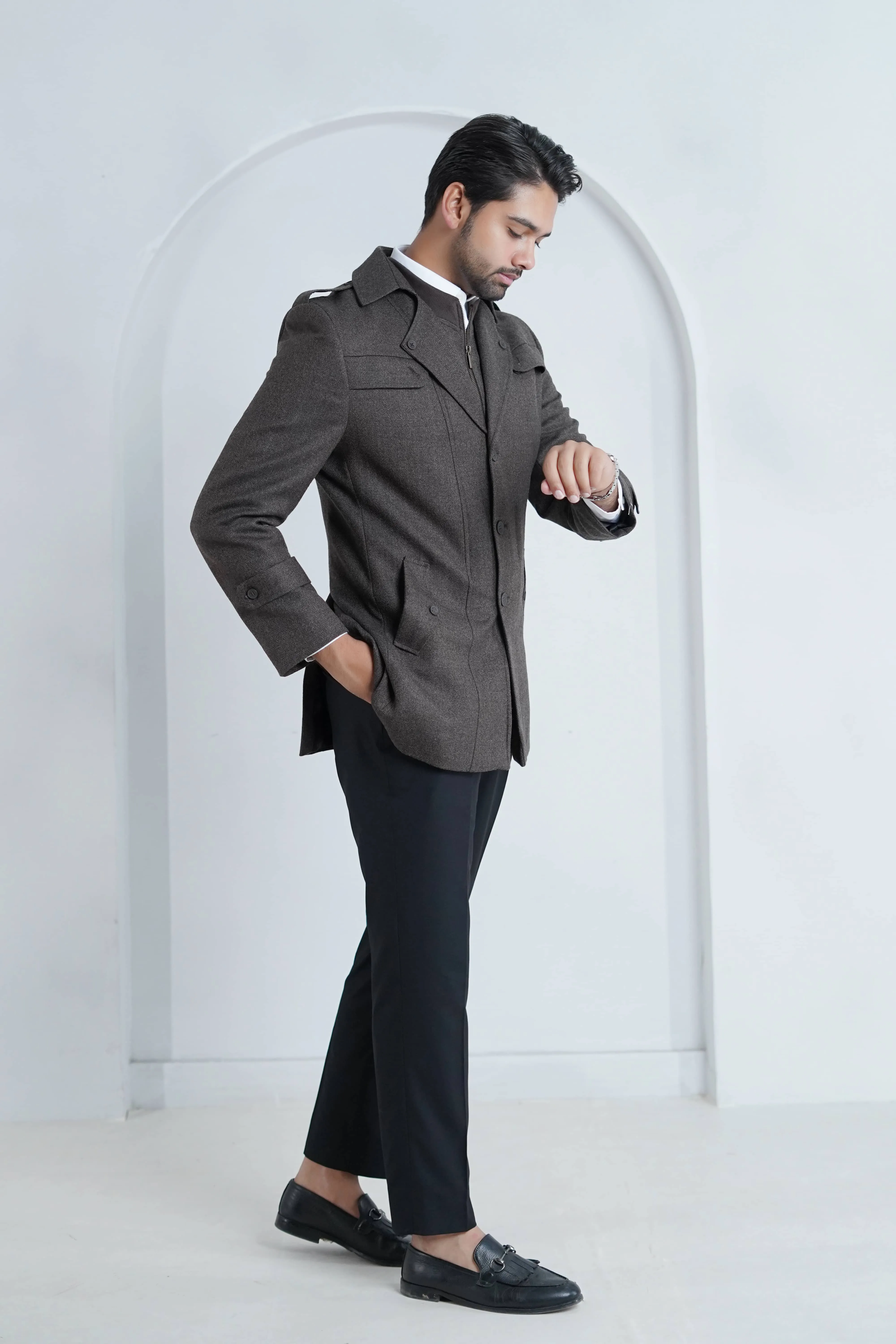 Brownish Grey Plain Worsted Tweed Classic Blazer