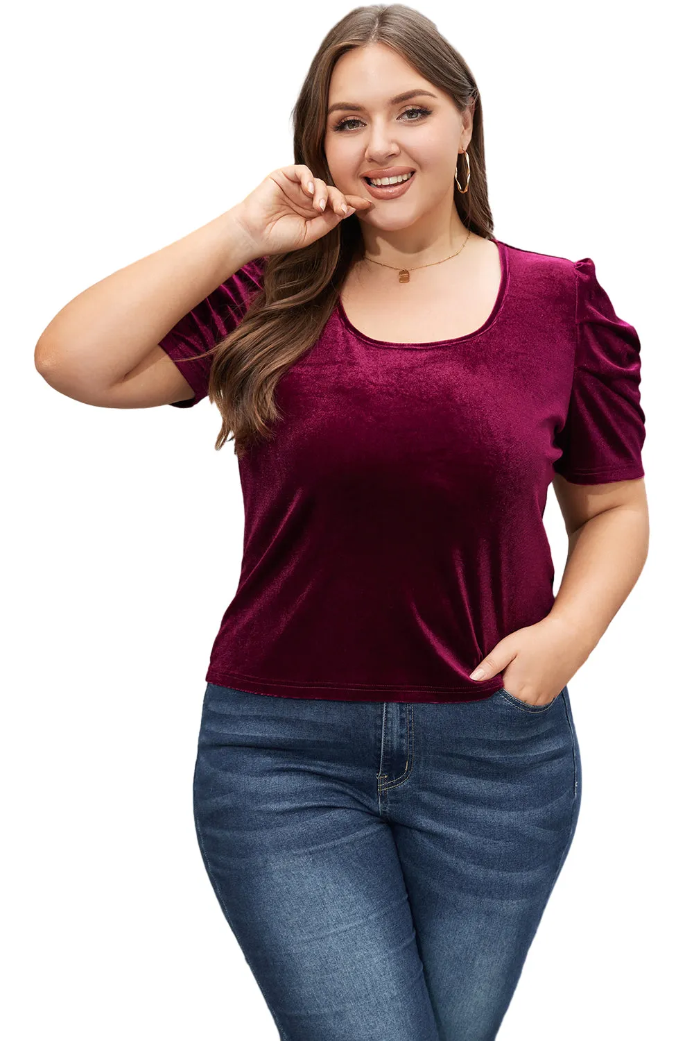 Burgundy Velvet Bubble Sleeve U Neck Plus Size Top