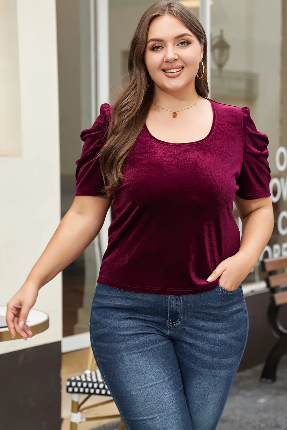 Burgundy Velvet Bubble Sleeve U Neck Plus Size Top