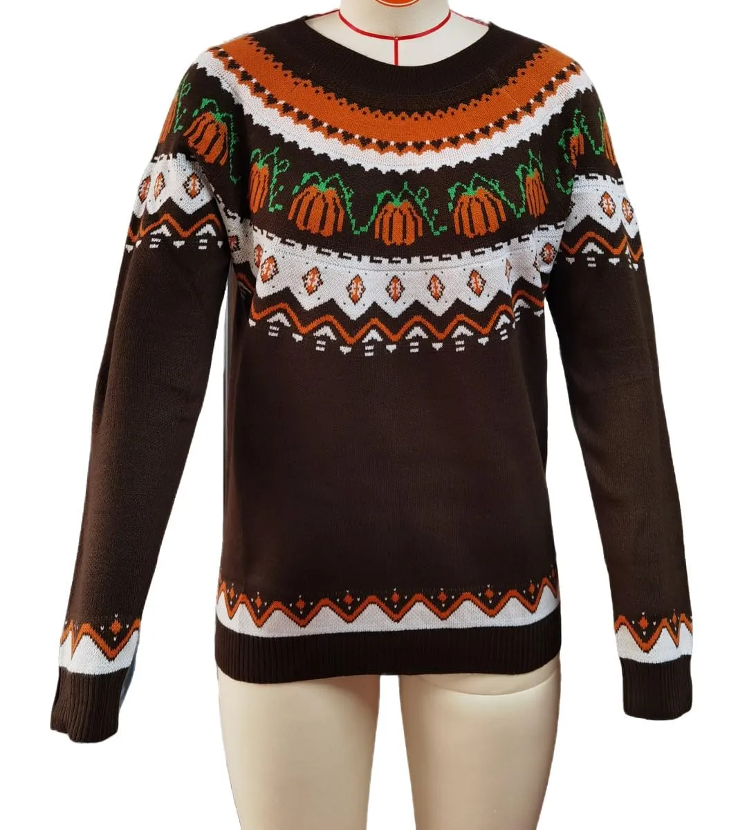 Fall Halloween Knitted Sweater for Women Winter Holiday Xmas Christmas Pullover Sweatshirt Tops(Halloween-Z-Brown,L)