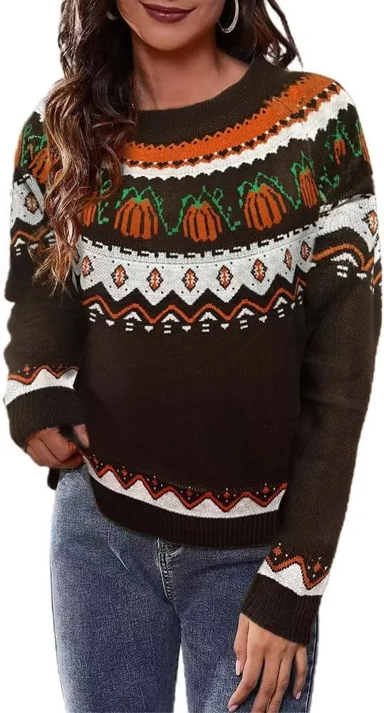 Fall Halloween Knitted Sweater for Women Winter Holiday Xmas Christmas Pullover Sweatshirt Tops(Halloween-Z-Brown,L)