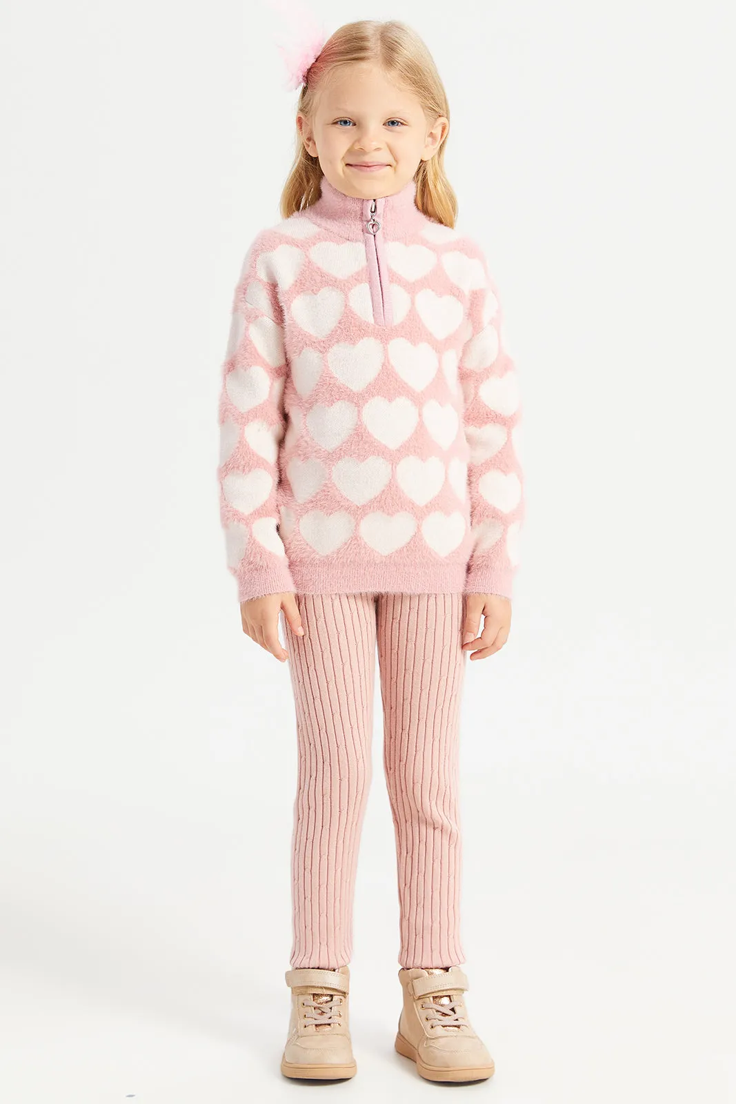 Girls Pink Cable Knit Table Leggings