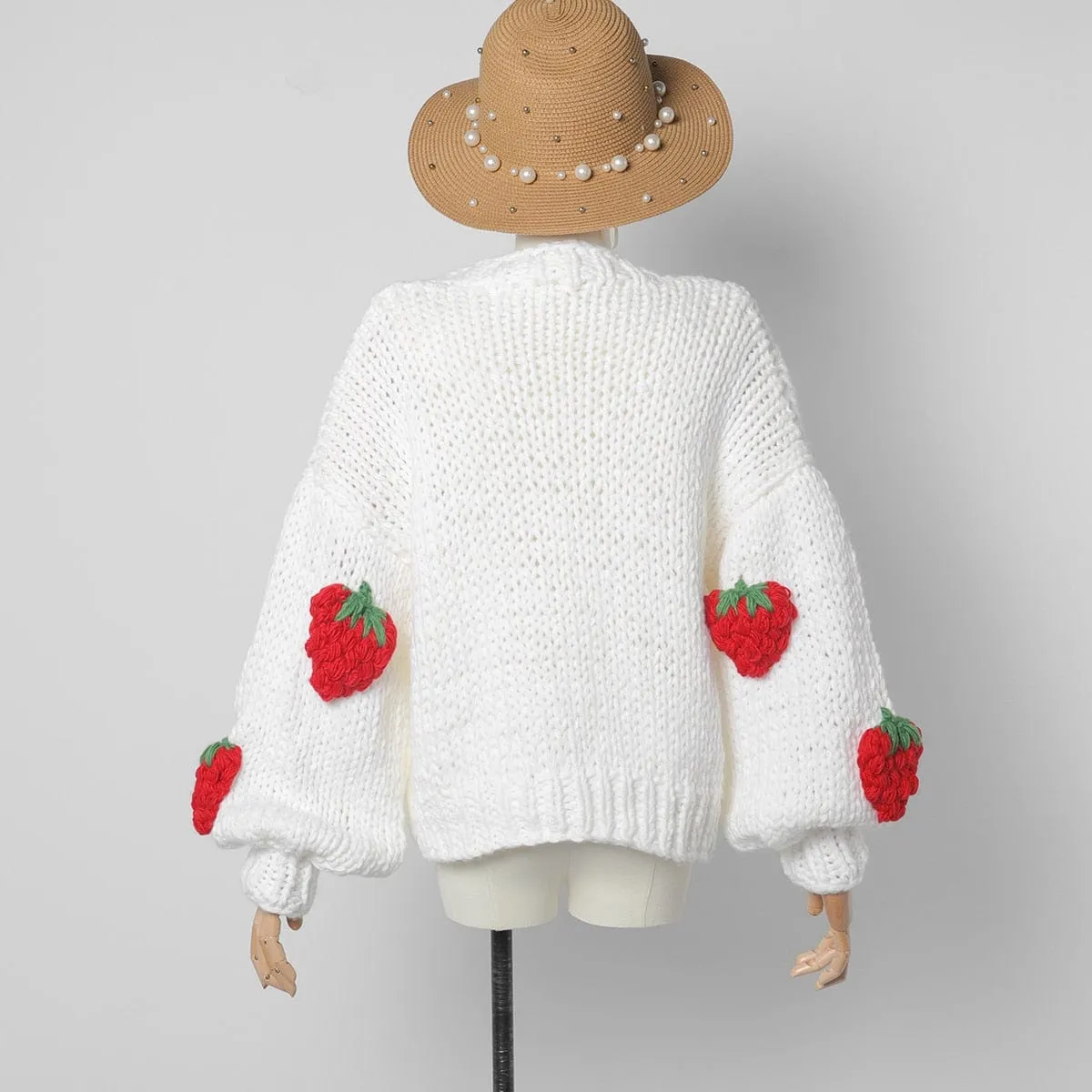 Handmade 3D Strawberries Cardigan Sweater