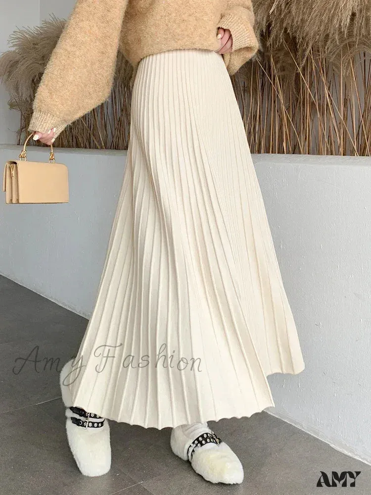 Knitted Long Maxi Casual Solid Thick Warm A-Line High Waist Ankle Length Skirt