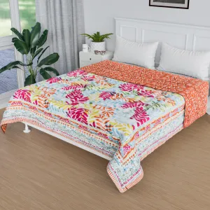 Kuber Industries Razai | Cotton Single Bed Blanket Rajai | Bedspread Quilt Set | Blanket for Winter | Blanket for Bed | Bedding Comforter | Leaf MUL MUL Razai | Orange