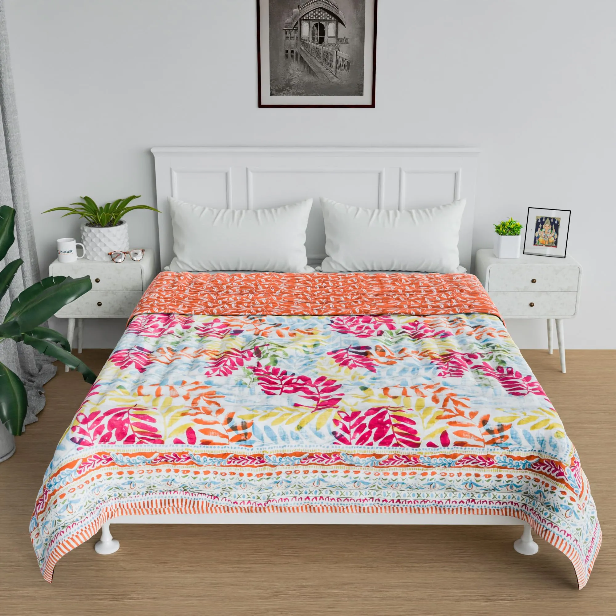 Kuber Industries Razai | Cotton Single Bed Blanket Rajai | Bedspread Quilt Set | Blanket for Winter | Blanket for Bed | Bedding Comforter | Leaf MUL MUL Razai | Orange