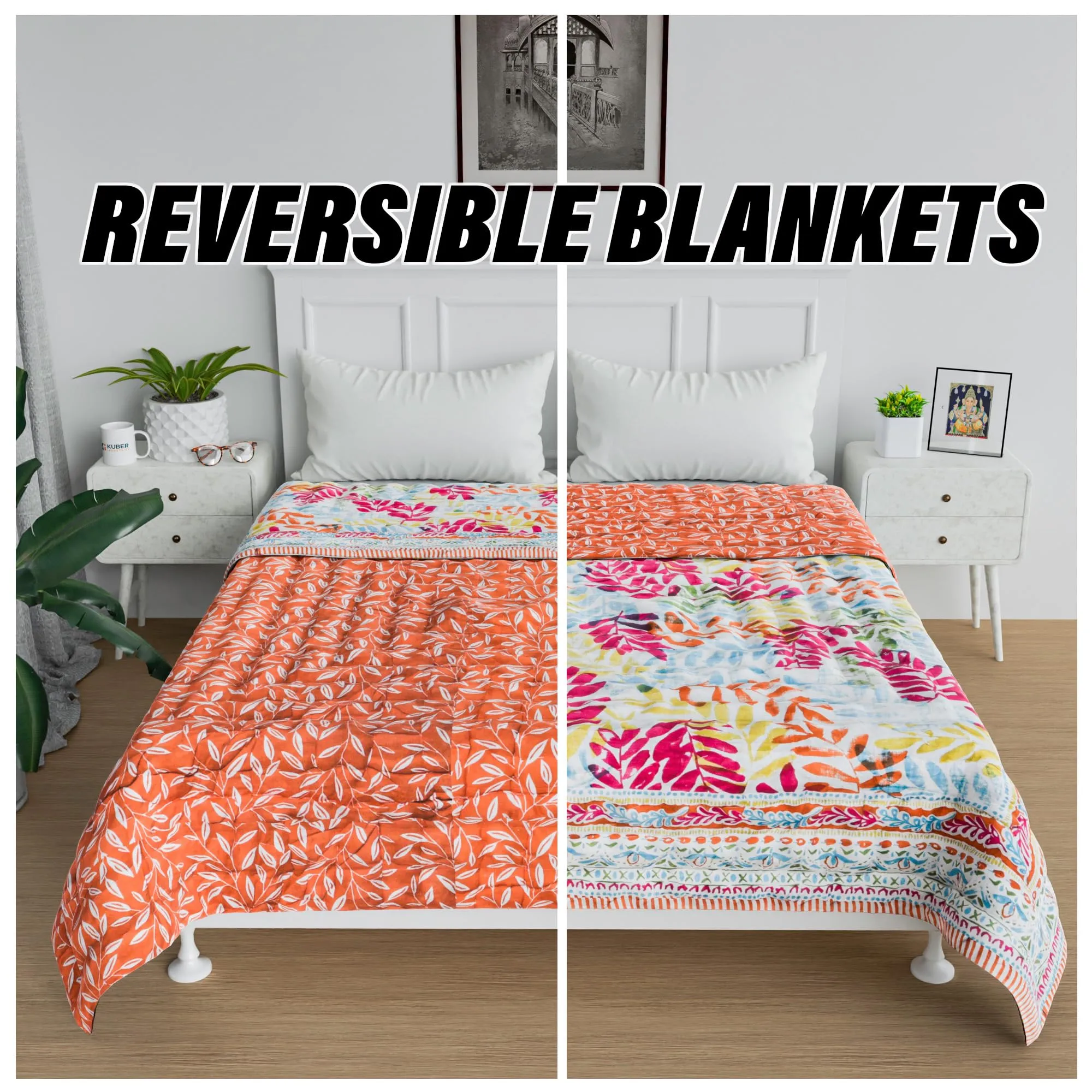 Kuber Industries Razai | Cotton Single Bed Blanket Rajai | Bedspread Quilt Set | Blanket for Winter | Blanket for Bed | Bedding Comforter | Leaf MUL MUL Razai | Orange