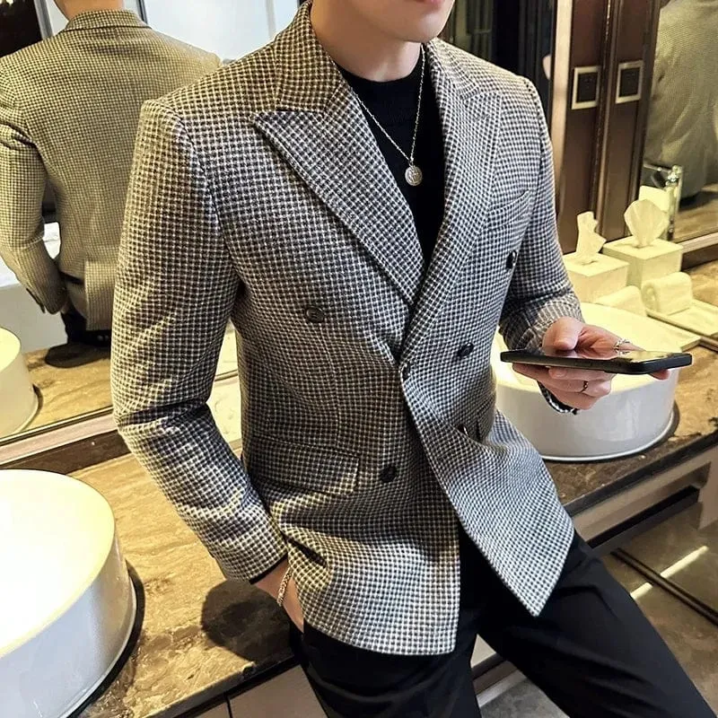 Luxury British Style Men's Double Breasted Slim Fit Houndstooth Blazer Dress Jacket