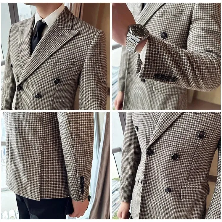 Luxury British Style Men's Double Breasted Slim Fit Houndstooth Blazer Dress Jacket