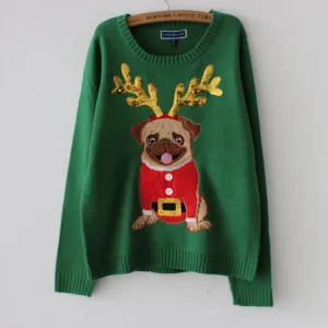 Mariam - Warm knitted sweater with Christmas pug dog embroidery sequins for women