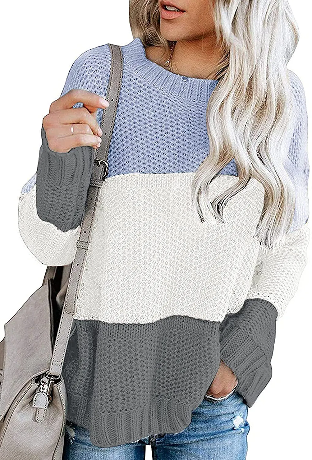 MEROKEETY Women's Crew Neck Long Sleeve Color Block Knit Sweater Casual Pullover Jumper Tops