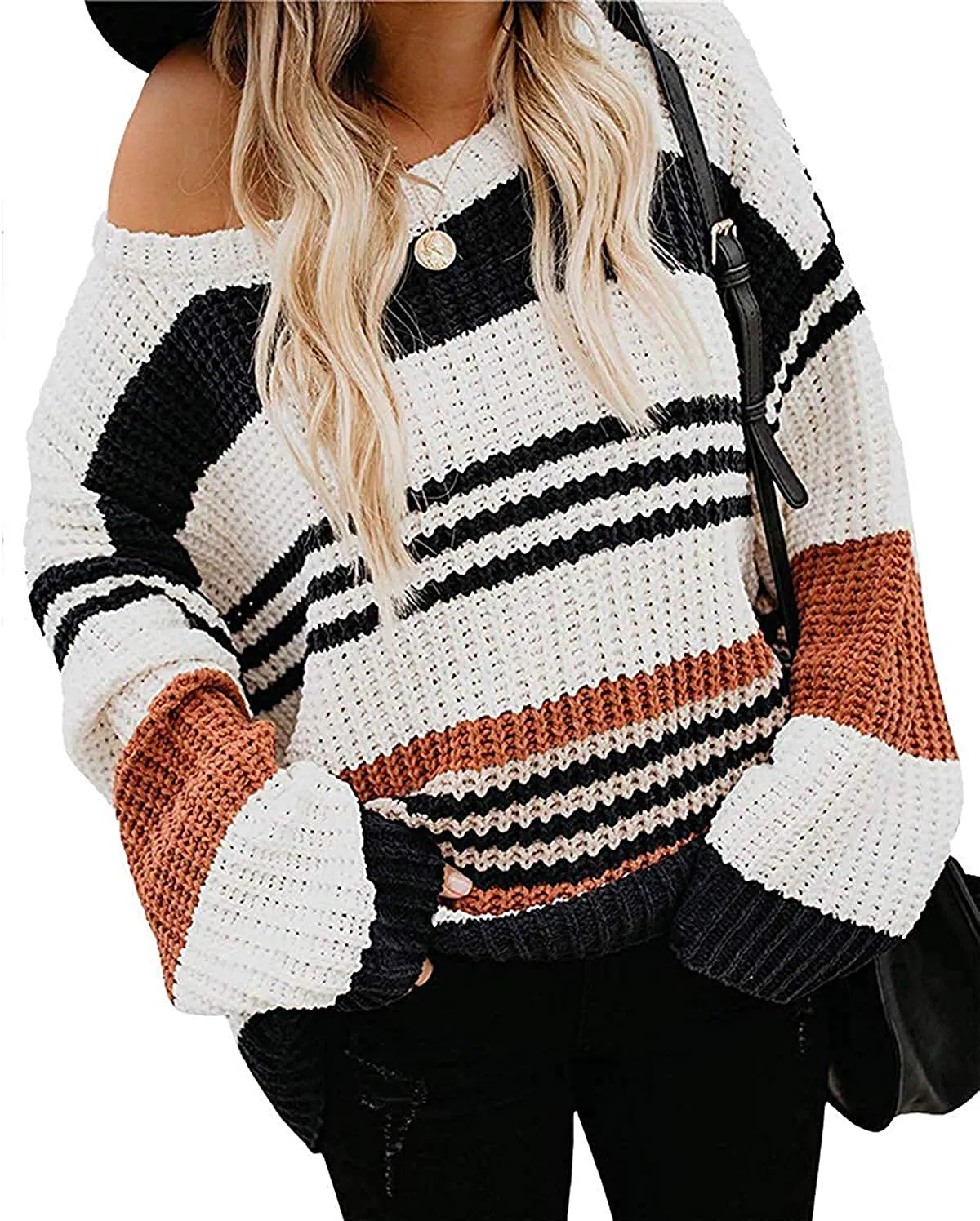 MEROKEETY Women's Crew Neck Long Sleeve Color Block Knit Sweater Casual Pullover Jumper Tops