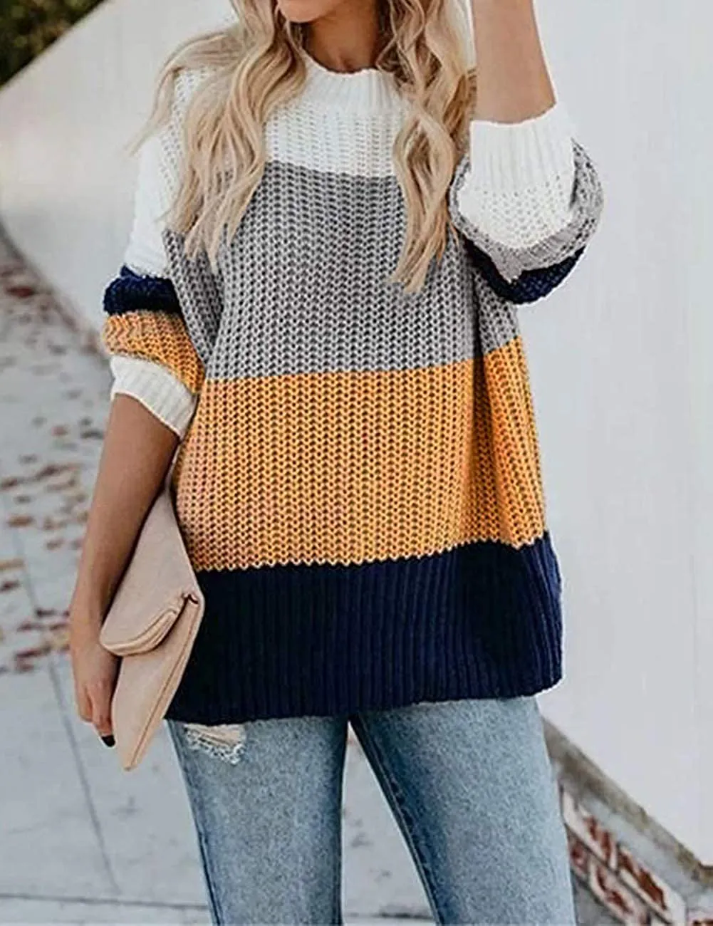 MEROKEETY Women's Crew Neck Long Sleeve Color Block Knit Sweater Casual Pullover Jumper Tops