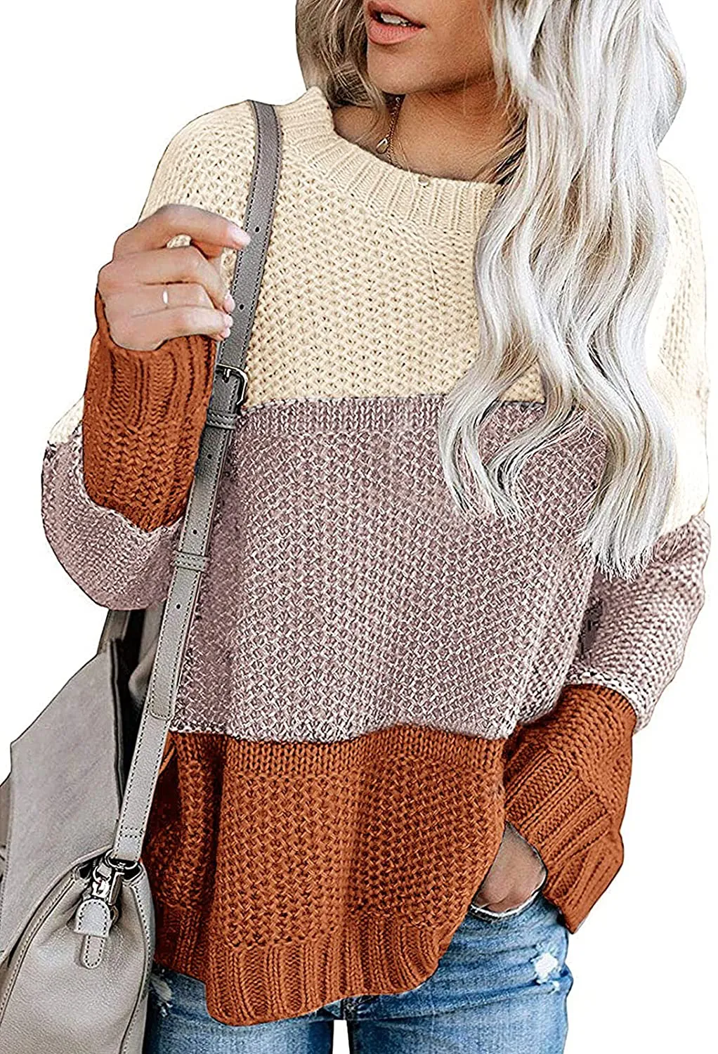 MEROKEETY Women's Crew Neck Long Sleeve Color Block Knit Sweater Casual Pullover Jumper Tops