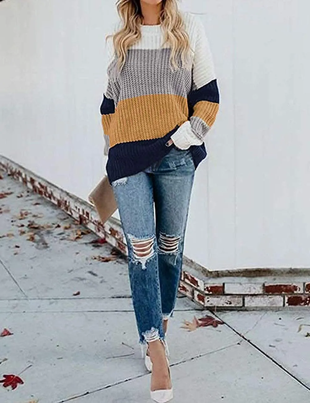 MEROKEETY Women's Crew Neck Long Sleeve Color Block Knit Sweater Casual Pullover Jumper Tops