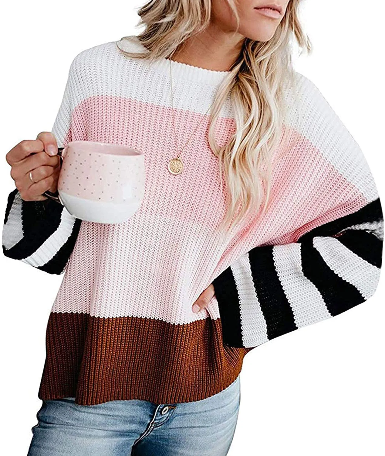 MEROKEETY Women's Crew Neck Long Sleeve Color Block Knit Sweater Casual Pullover Jumper Tops