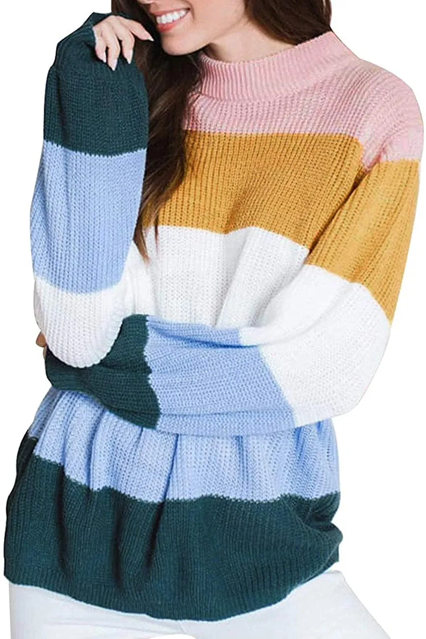 MEROKEETY Women's Crew Neck Long Sleeve Color Block Knit Sweater Casual Pullover Jumper Tops