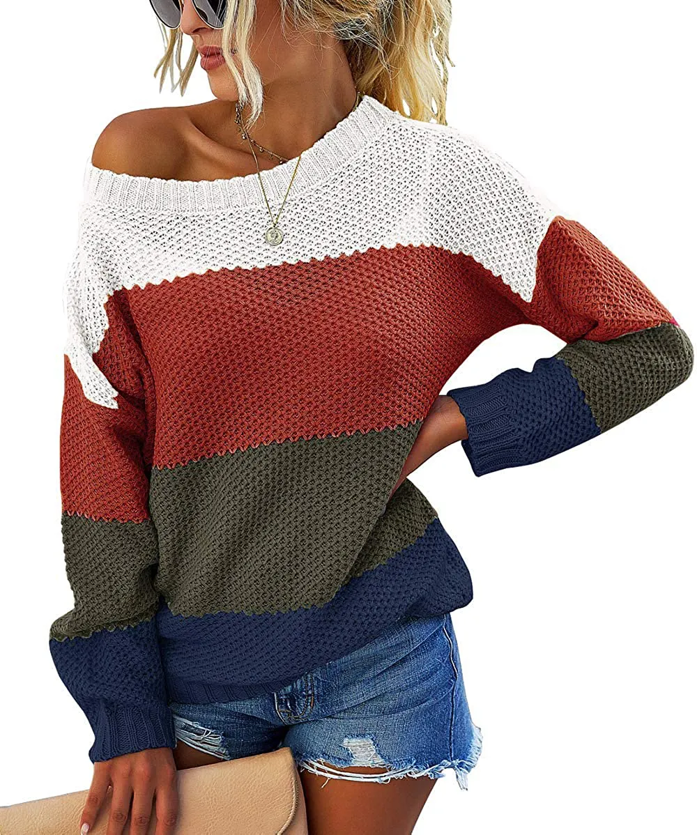 MEROKEETY Women's Crew Neck Long Sleeve Color Block Knit Sweater Casual Pullover Jumper Tops