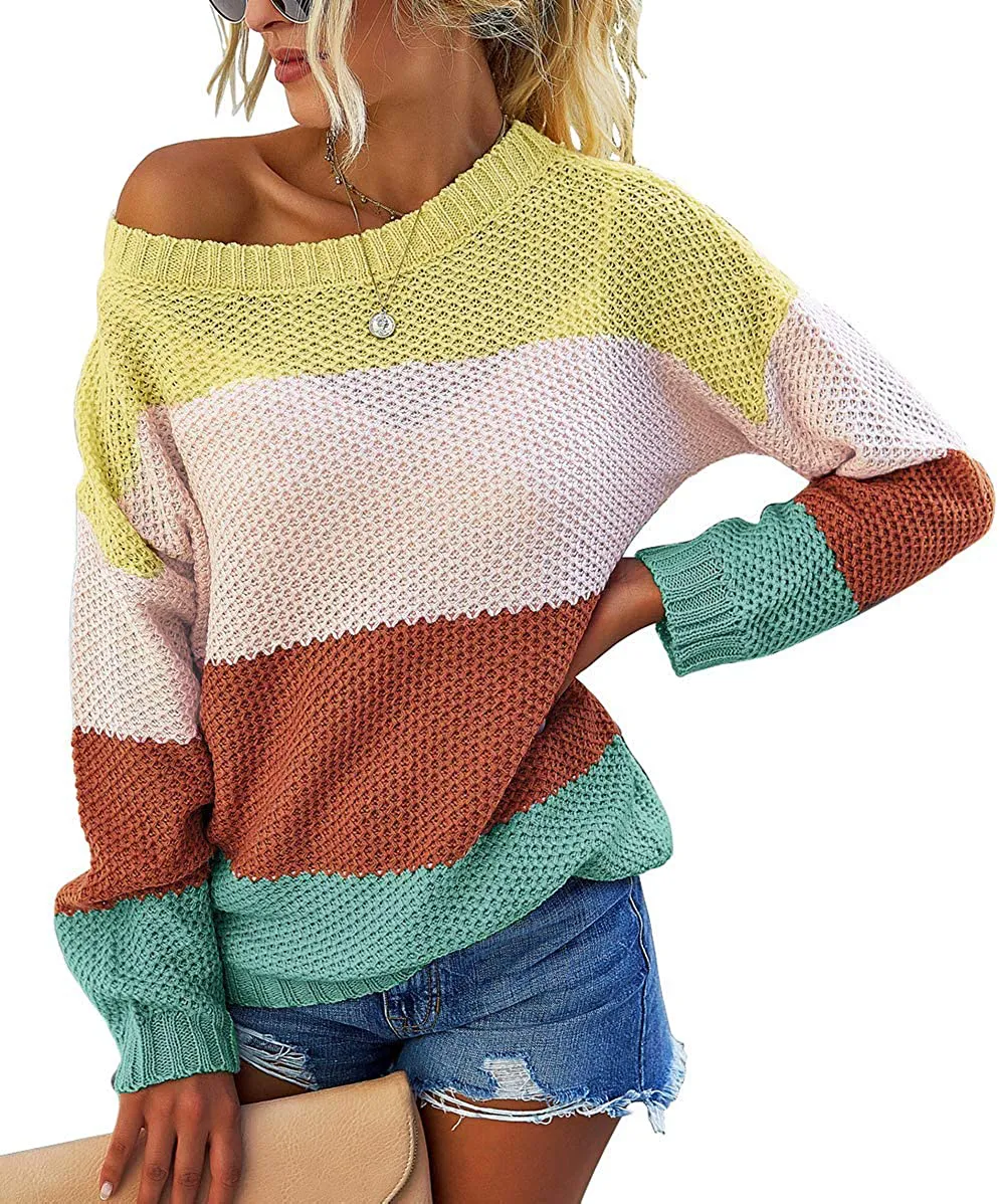 MEROKEETY Women's Crew Neck Long Sleeve Color Block Knit Sweater Casual Pullover Jumper Tops