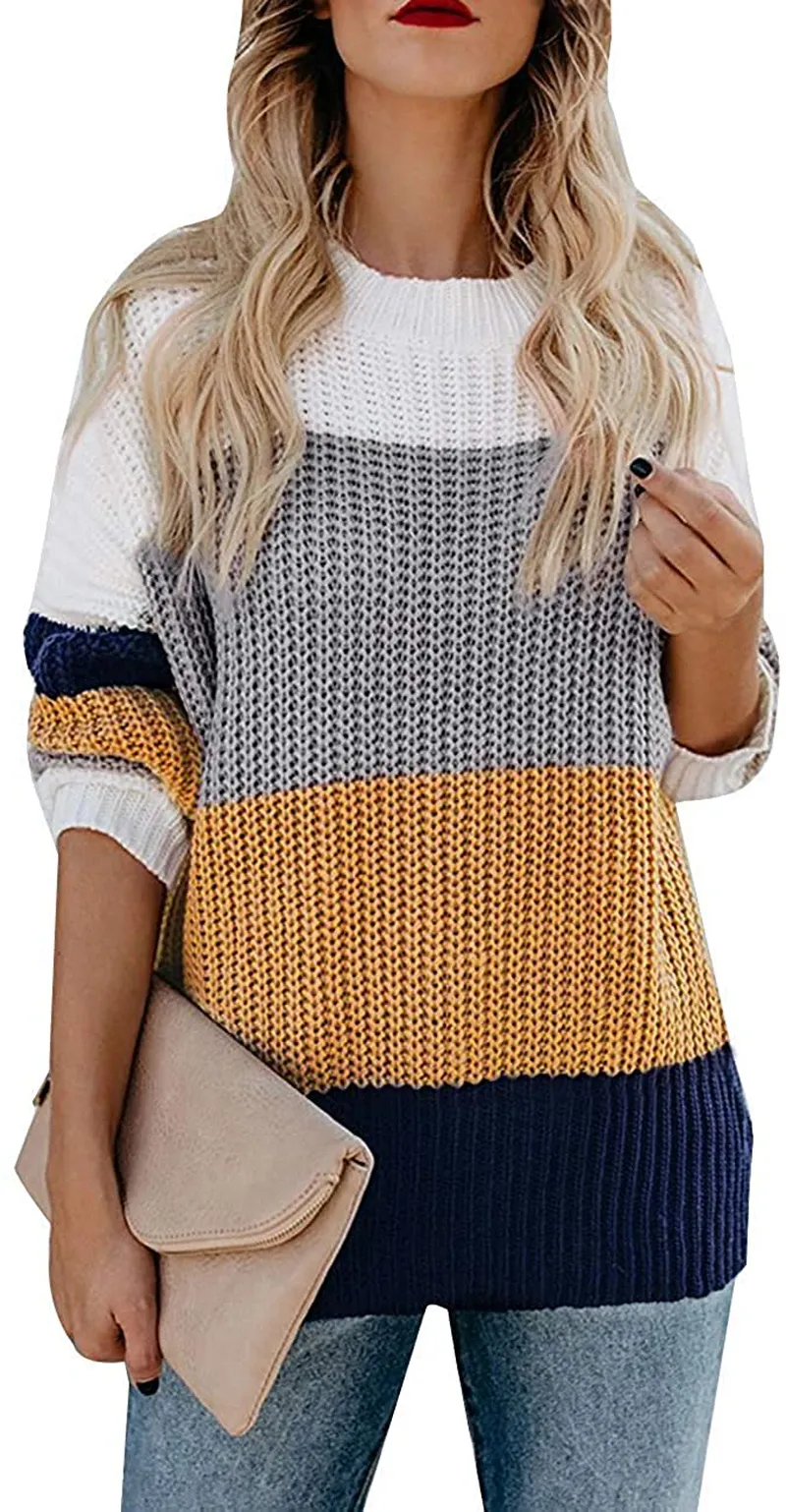 MEROKEETY Women's Crew Neck Long Sleeve Color Block Knit Sweater Casual Pullover Jumper Tops