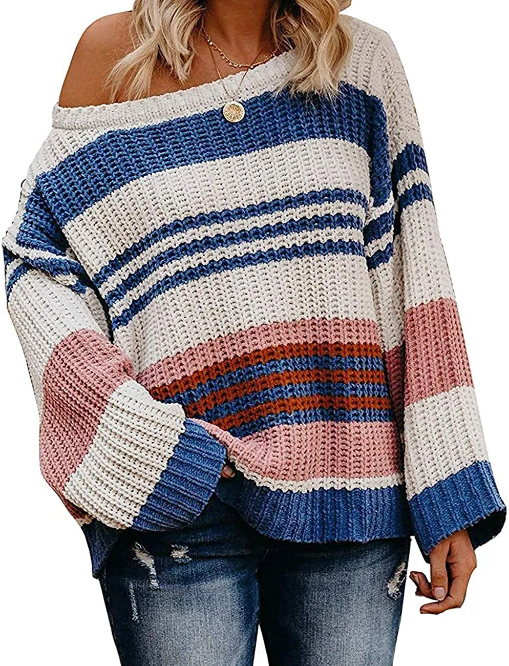 MEROKEETY Women's Crew Neck Long Sleeve Color Block Knit Sweater Casual Pullover Jumper Tops