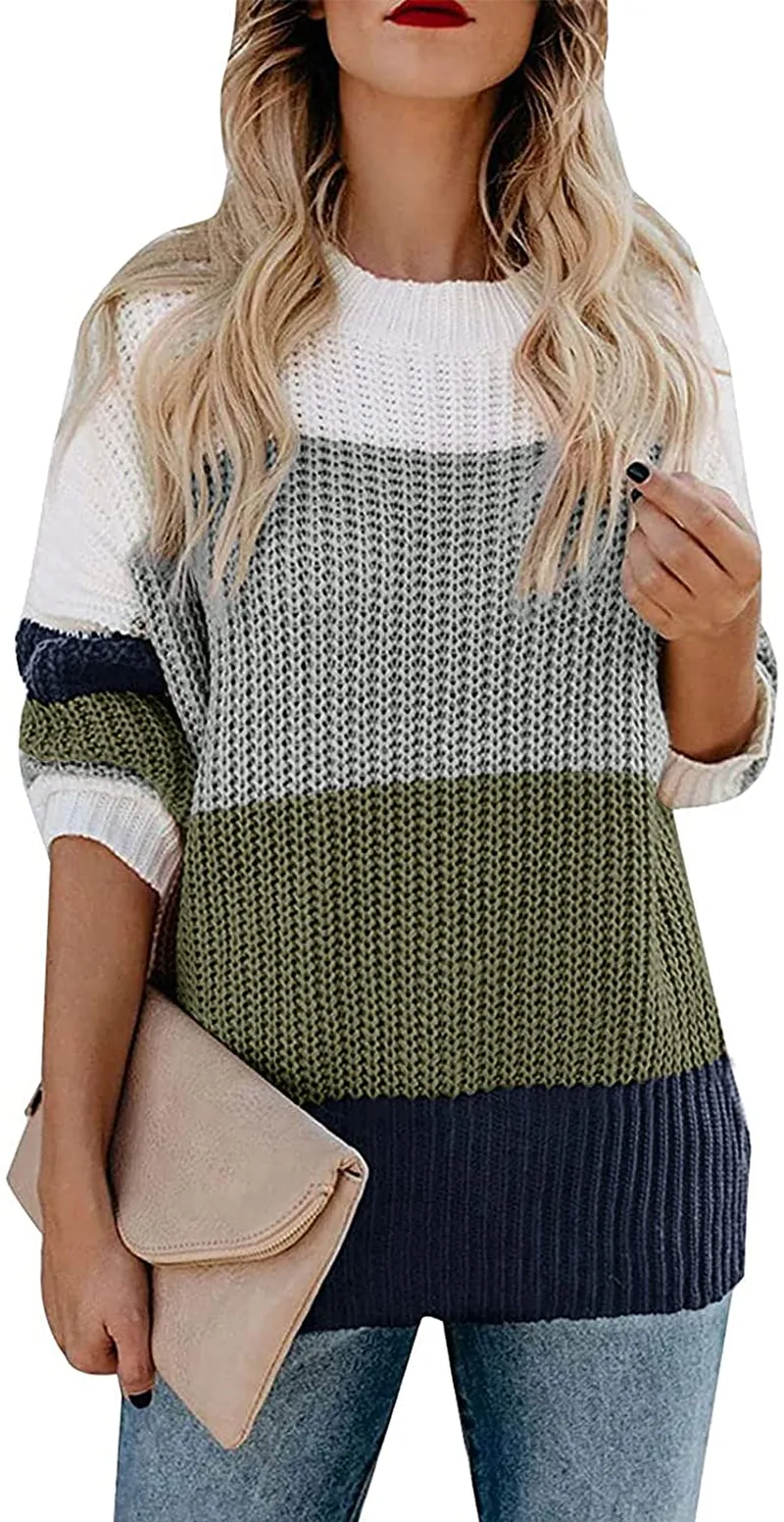 MEROKEETY Women's Crew Neck Long Sleeve Color Block Knit Sweater Casual Pullover Jumper Tops