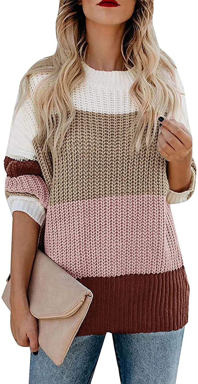 MEROKEETY Women's Crew Neck Long Sleeve Color Block Knit Sweater Casual Pullover Jumper Tops