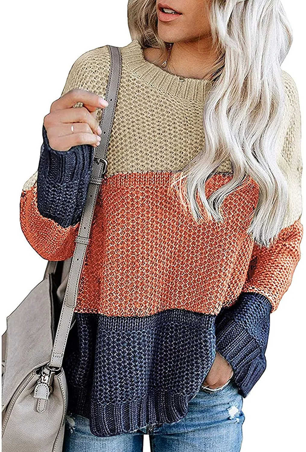 MEROKEETY Women's Crew Neck Long Sleeve Color Block Knit Sweater Casual Pullover Jumper Tops