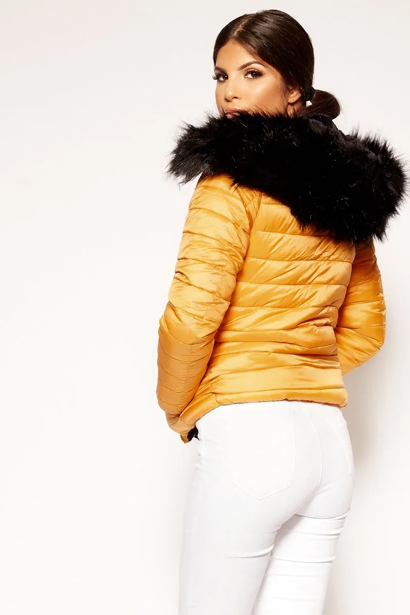 Michi - Mustard Padded Faux Fur Hood Reversible Jacket