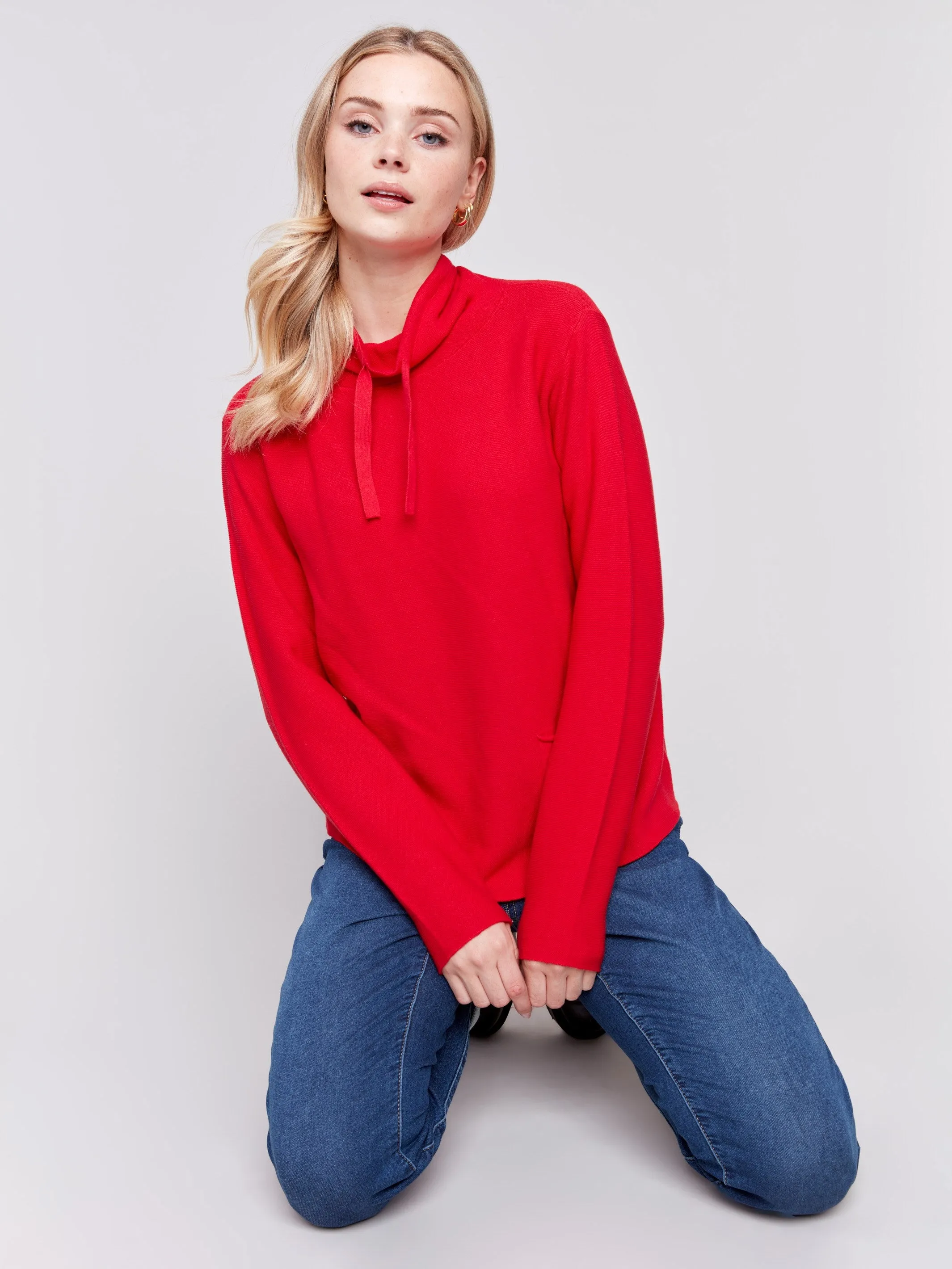 Ottoman Cotton Funnel Neck Sweater - Cranberry