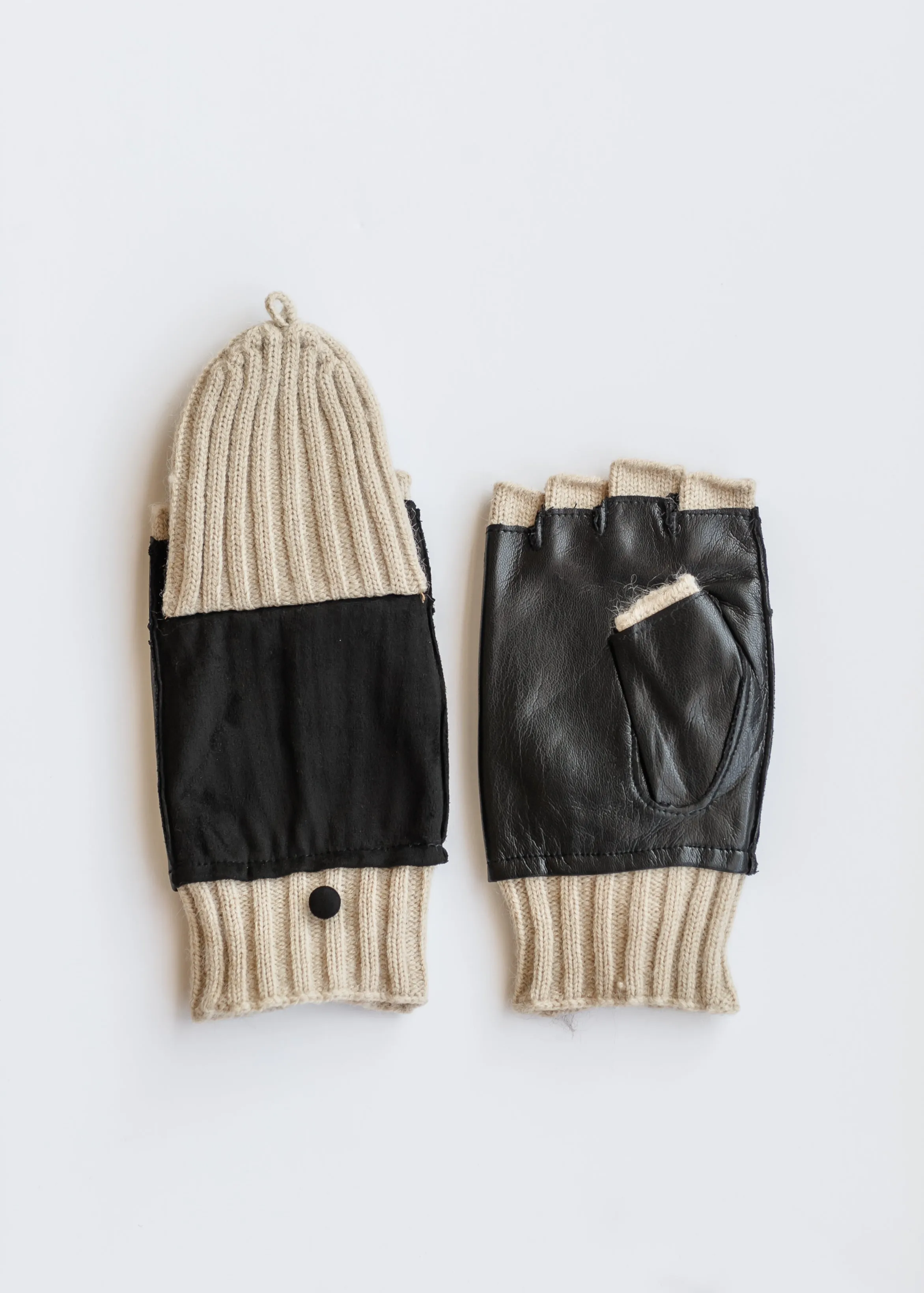 Suede and Leather Wool Knit Flip Mittens