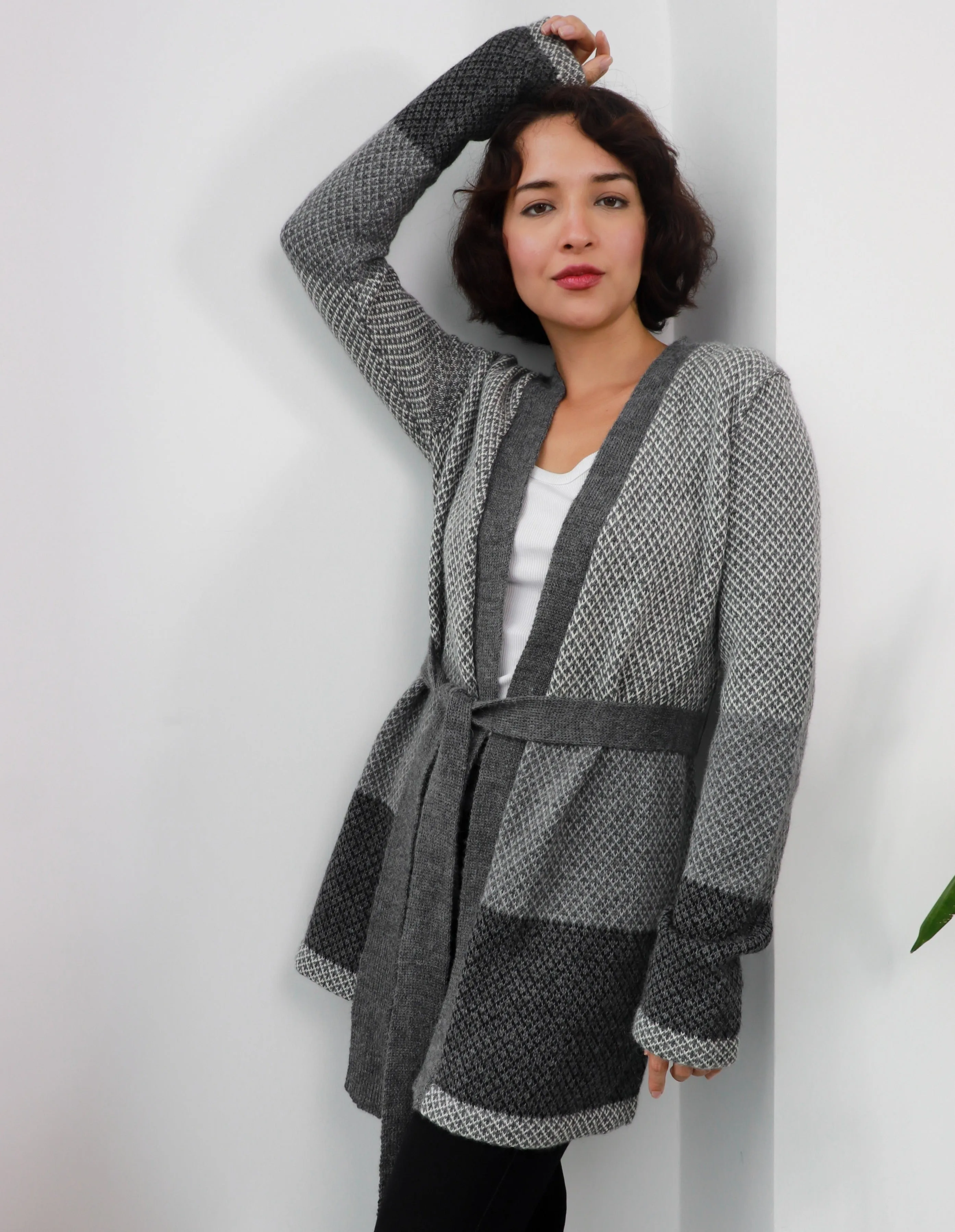 Textured Diamond Alpaca Wool Belt Cardigan