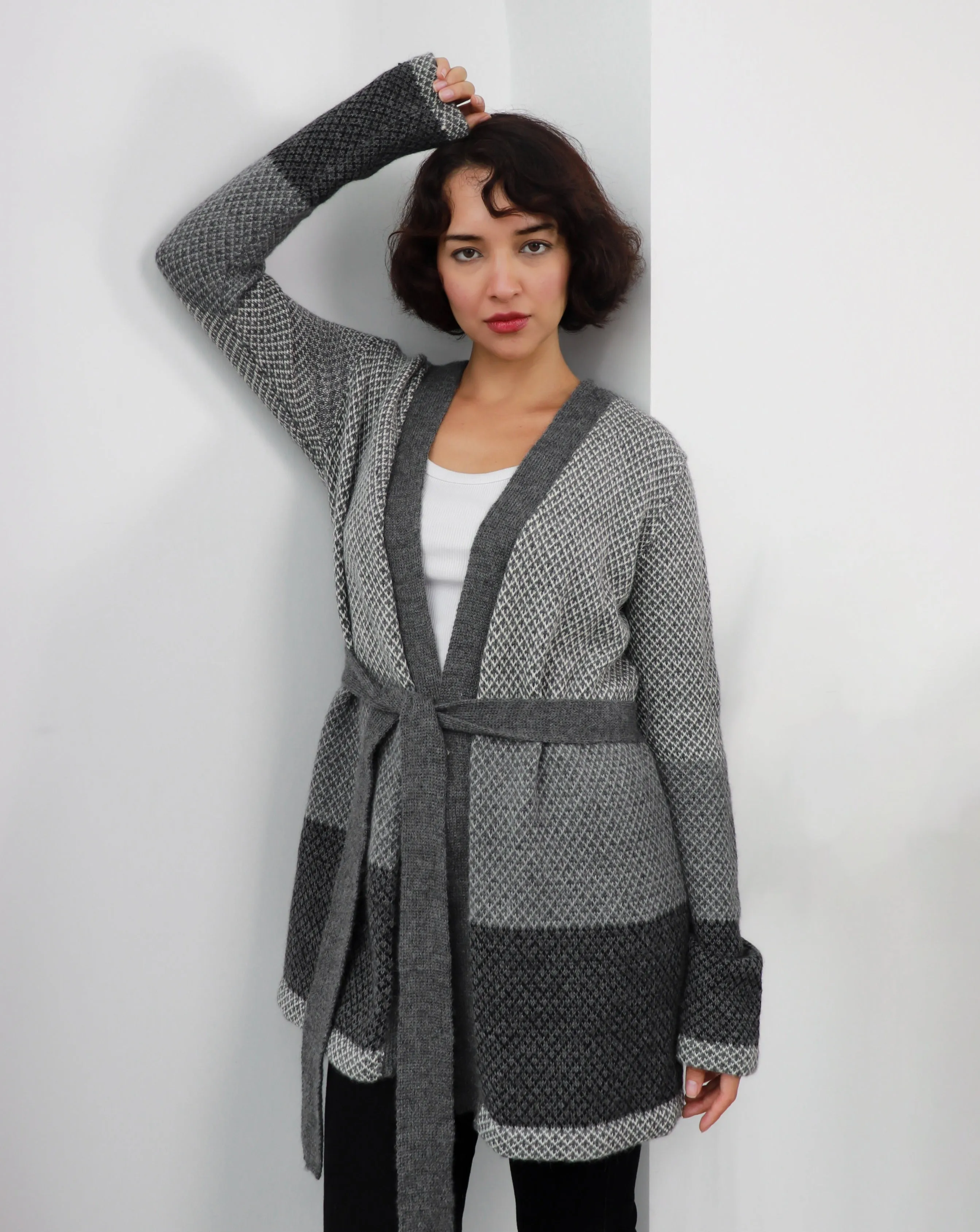 Textured Diamond Alpaca Wool Belt Cardigan