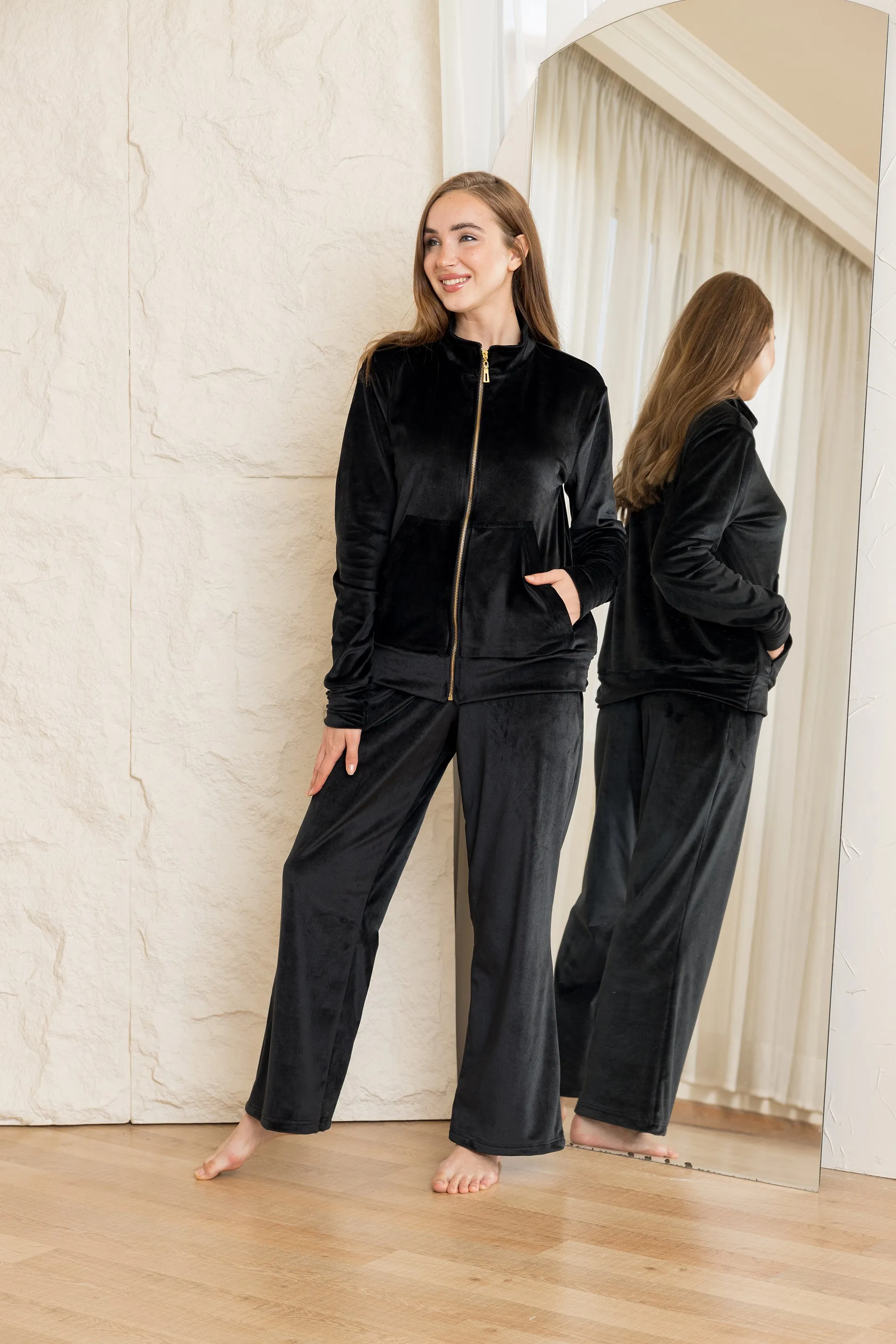 Velvet Zip-Up Lounge Set - Black