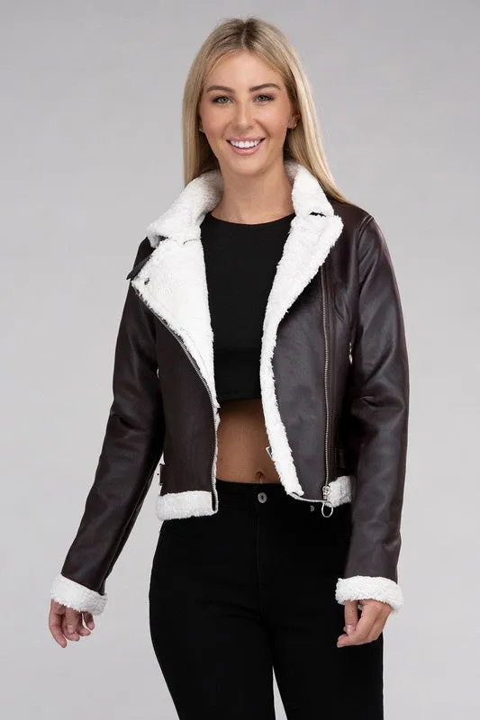 Warm Brown Plush Teddy Trimmed PU Jacket