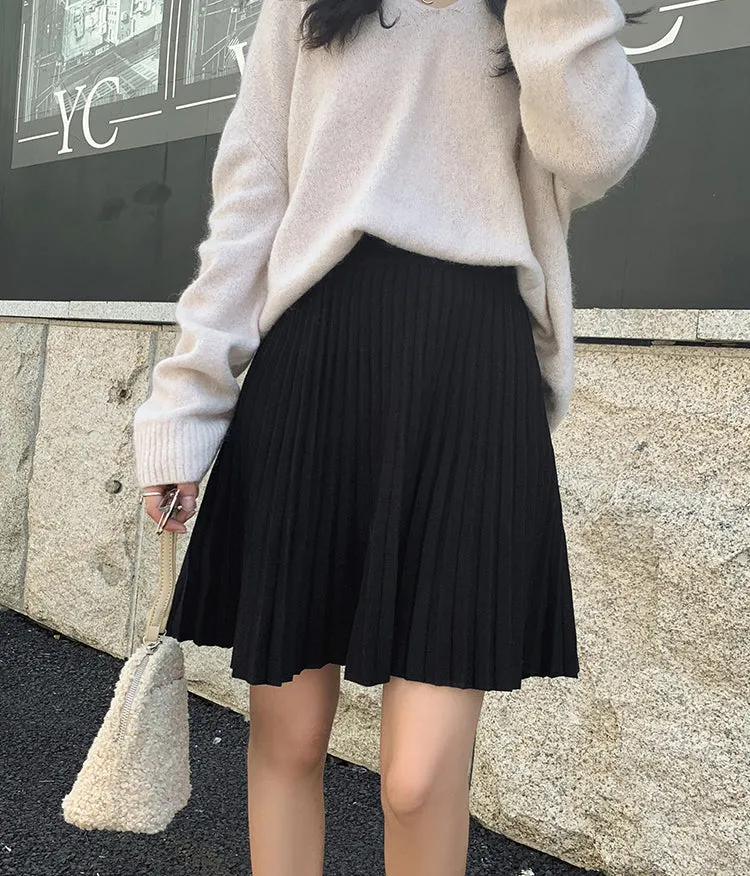 Wjczt Plus Size M-5XL Spring New Women&#39;s Pleated Skirt Preppy Style High Waist Solid Fashion Knitting Warm Skirts B9D601S