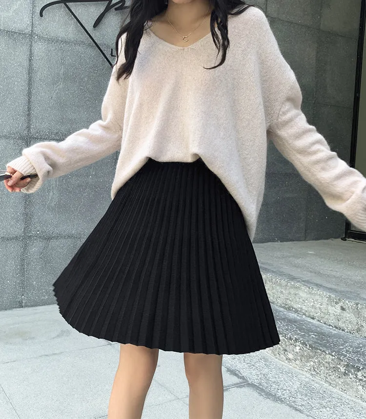 Wjczt Plus Size M-5XL Spring New Women&#39;s Pleated Skirt Preppy Style High Waist Solid Fashion Knitting Warm Skirts B9D601S