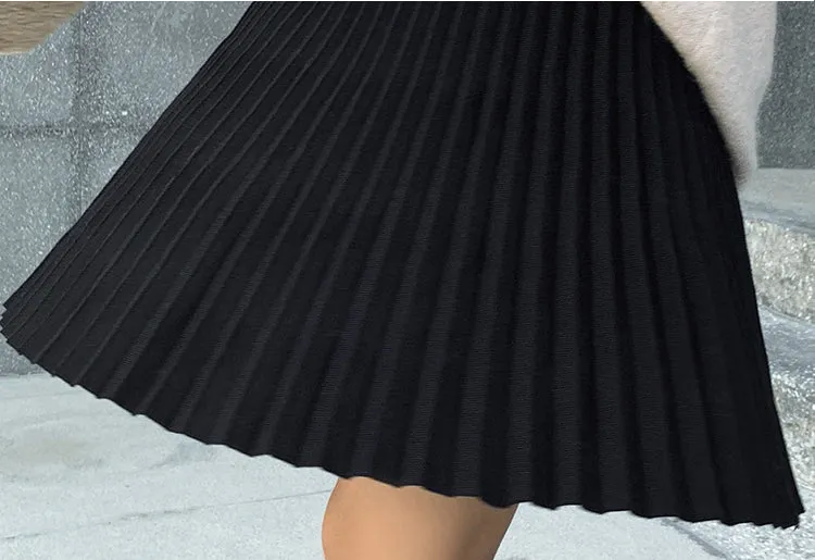 Wjczt Plus Size M-5XL Spring New Women&#39;s Pleated Skirt Preppy Style High Waist Solid Fashion Knitting Warm Skirts B9D601S