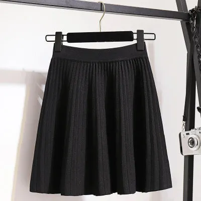 Wjczt Plus Size M-5XL Spring New Women&#39;s Pleated Skirt Preppy Style High Waist Solid Fashion Knitting Warm Skirts B9D601S